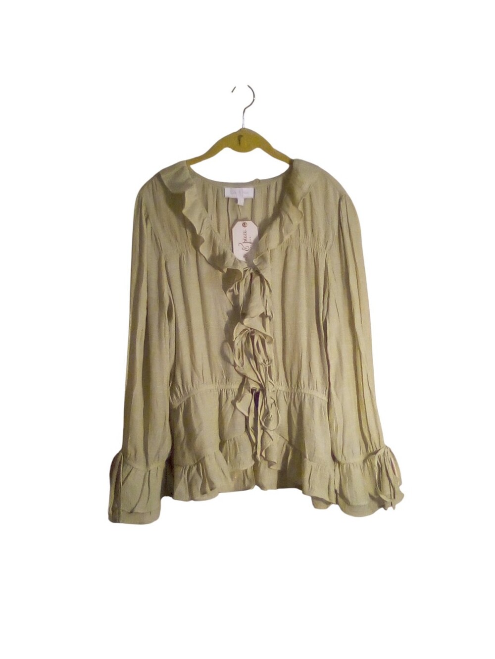 Love & Piece Collection Ruffle Blouse Tie Front & Cuffs Boho Romantic XL Green